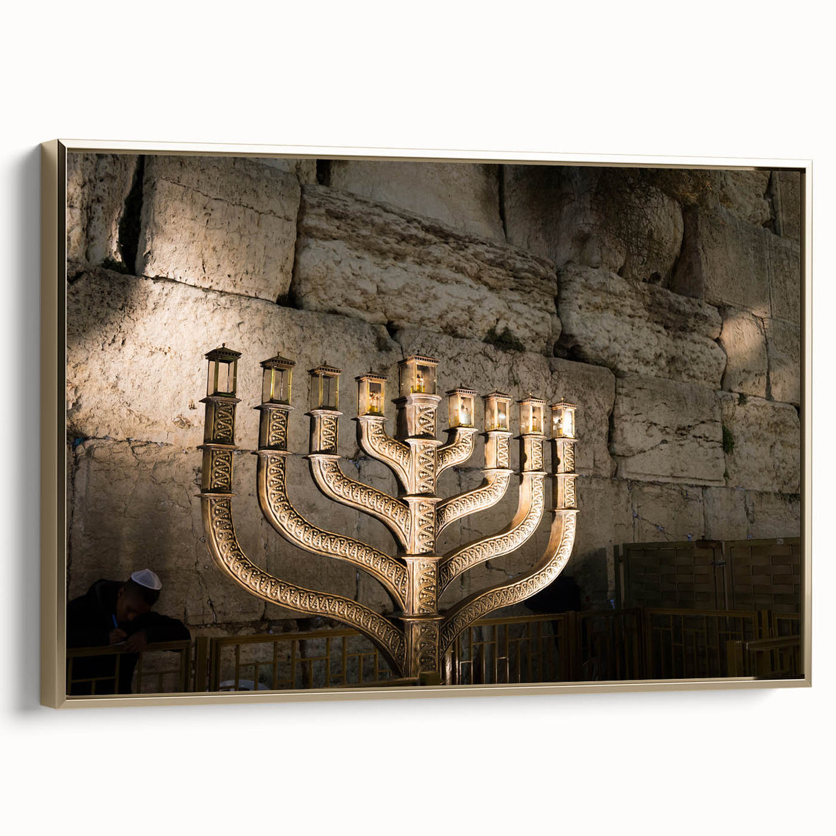 Framed canvas featuring a vintage-style landscape painting of Jerusalem in muted gold and black tones.