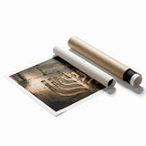 Rolled print of Jerusalem scenery with floral accents in muted earth tones.