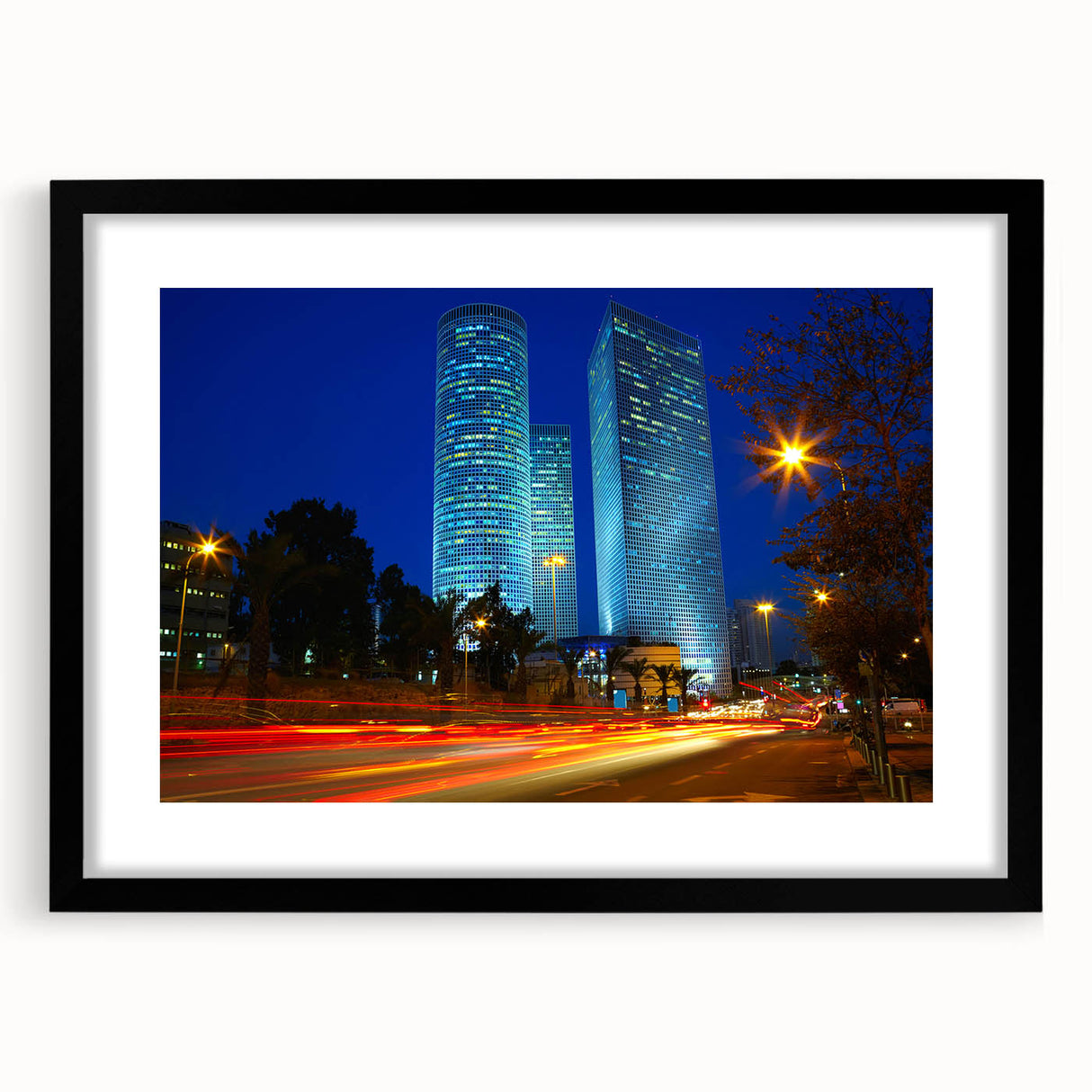 Extra large abstract art print of Tel Aviv skyline in vibrant, colorful hues on a textured canvas.
