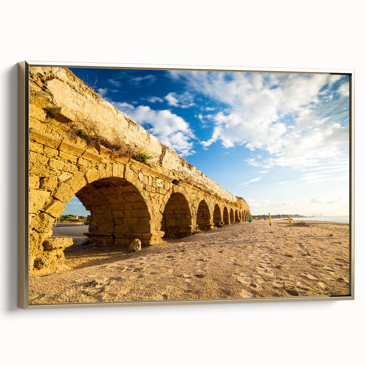 Framed canvas landscape painting of a Middle Eastern scene in muted gold and black, ideal for bedroom wall decor.