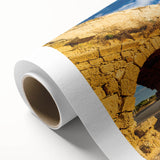Art Deco poster of a Middle Eastern landscape in muted earth tones on rolled canvas, ideal for nursery wall art.