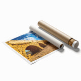 Extra large wall art featuring a serene Middle Eastern landscape in muted earth tones on rolled canvas.