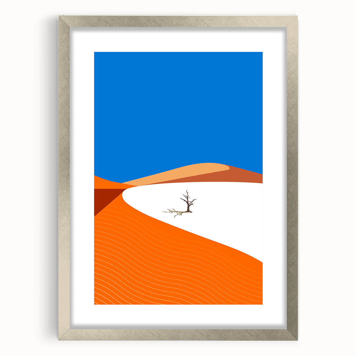 Textured abstract art print depicting a serene Middle Eastern landscape in muted earth tones, framed in silver.