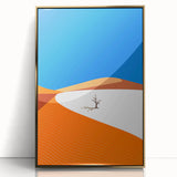 Acrylic print of a Middle Eastern landscape in gold and earth tones, framed, suited for modern art wall decor.