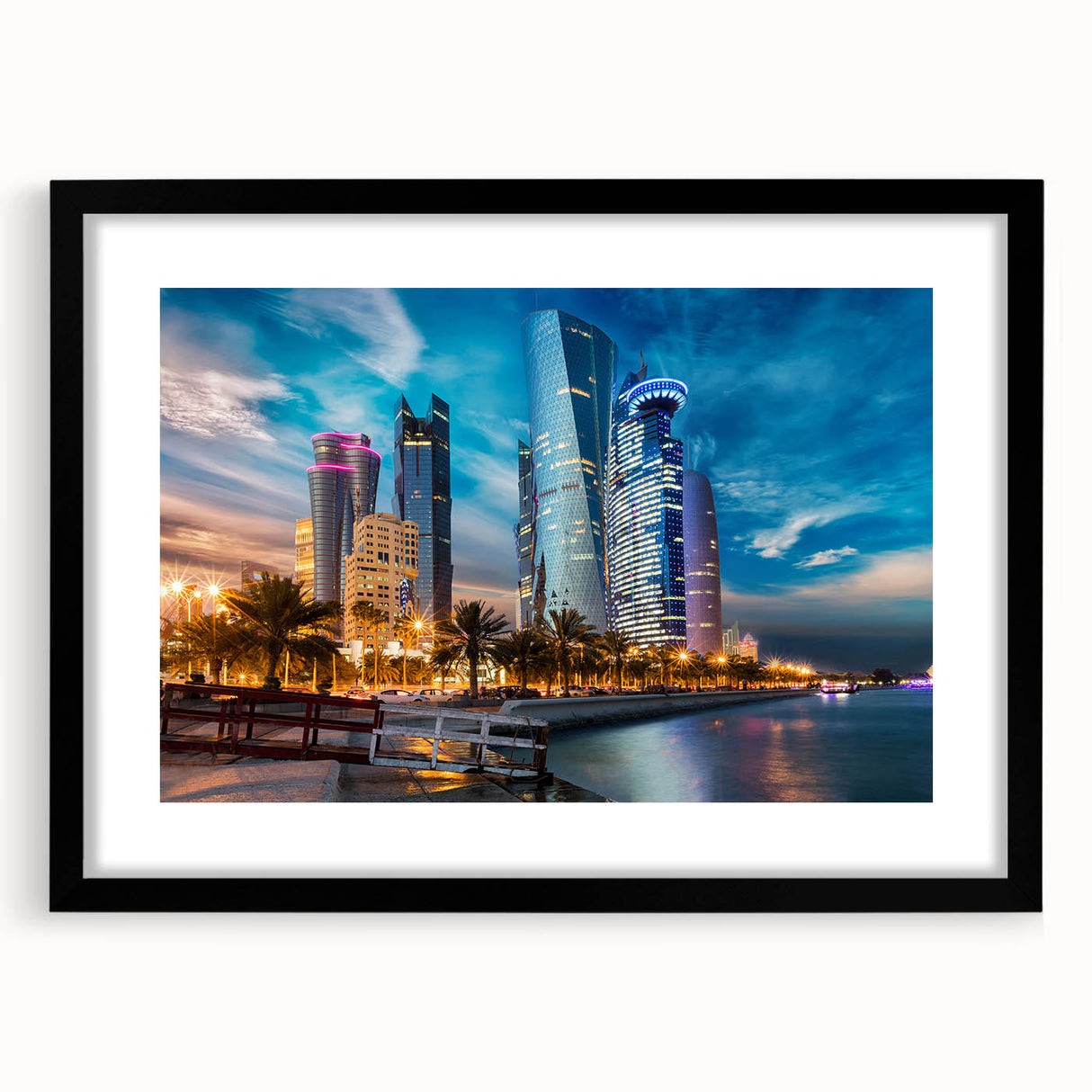 Extra large, textured abstract art print depicting vibrant Middle Eastern scenery on a framed black mat.