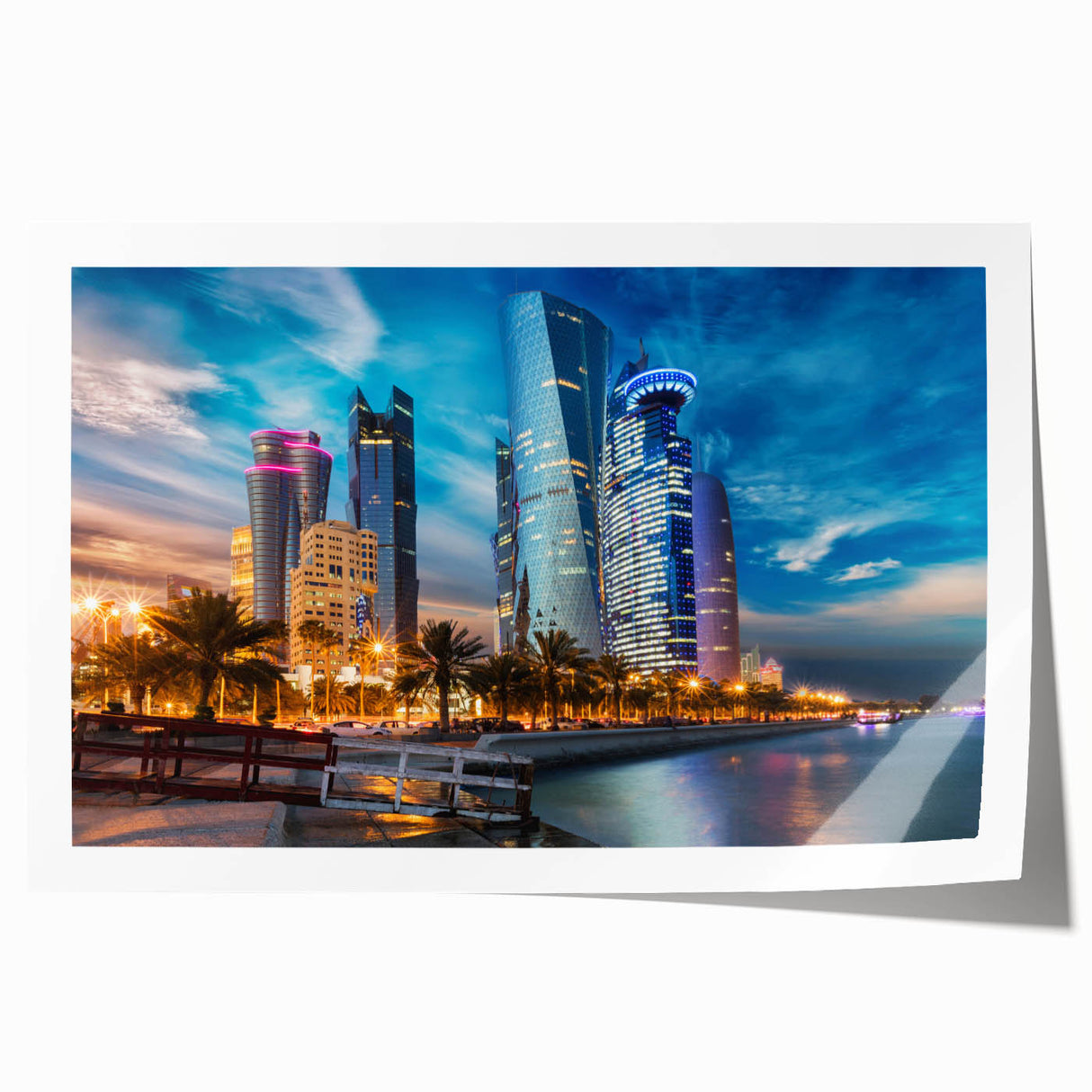 Extra large rolled print depicting a Middle Eastern Qatar scenery in muted earth tones, ideal for dining room wall art.
