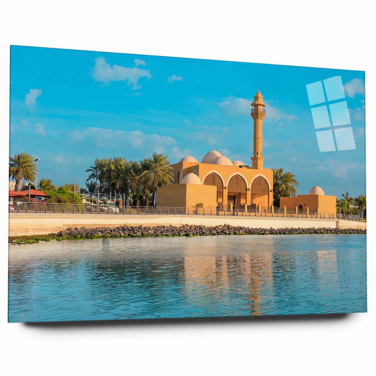 Acrylic print of a large abstract depiction of a Middle Eastern desert scene in earthy tones.