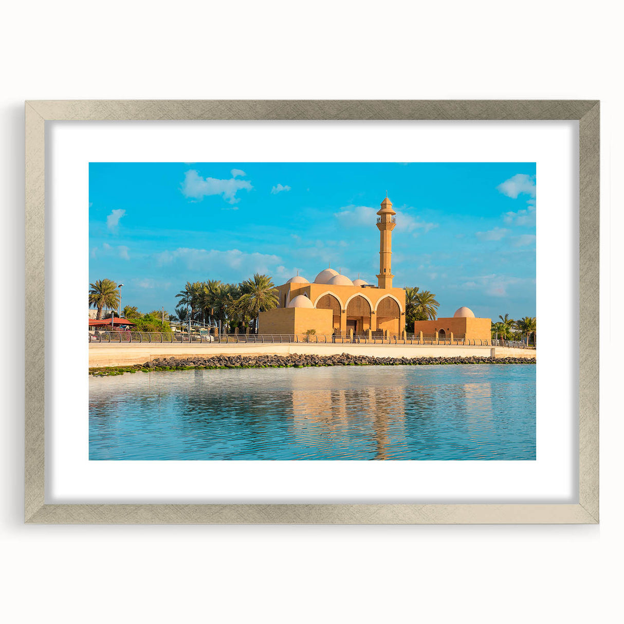 Textured abstract art print depicting a Saudi Arabian landscape in muted earth tones on a framed canvas.