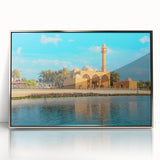 Mid-century modernist art depicting Saudi Arabian scenery in silver acrylic frame, suitable for nursery wall art.