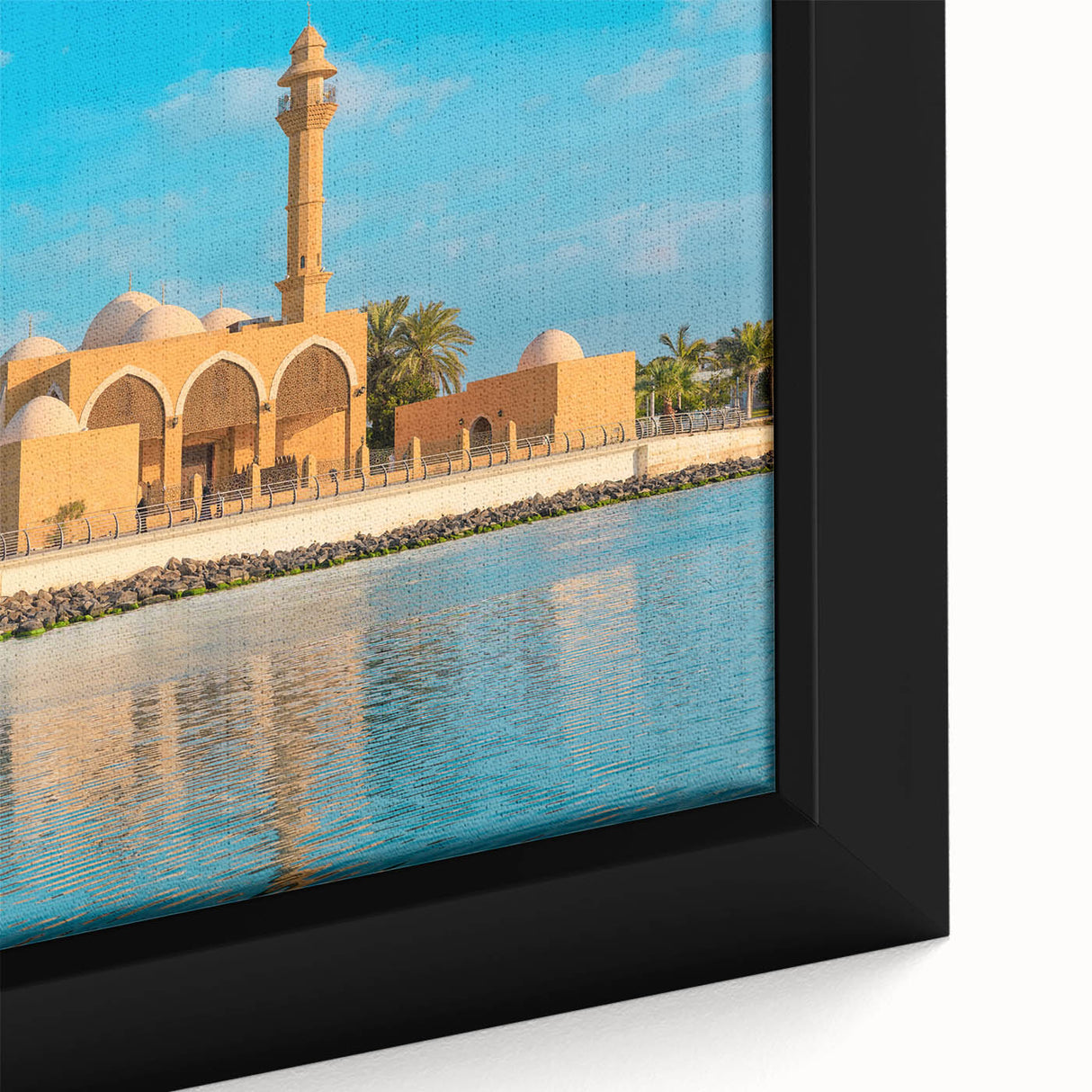 Extra large framed canvas featuring a textured black skyline of Saudi Arabia with colorful accents.