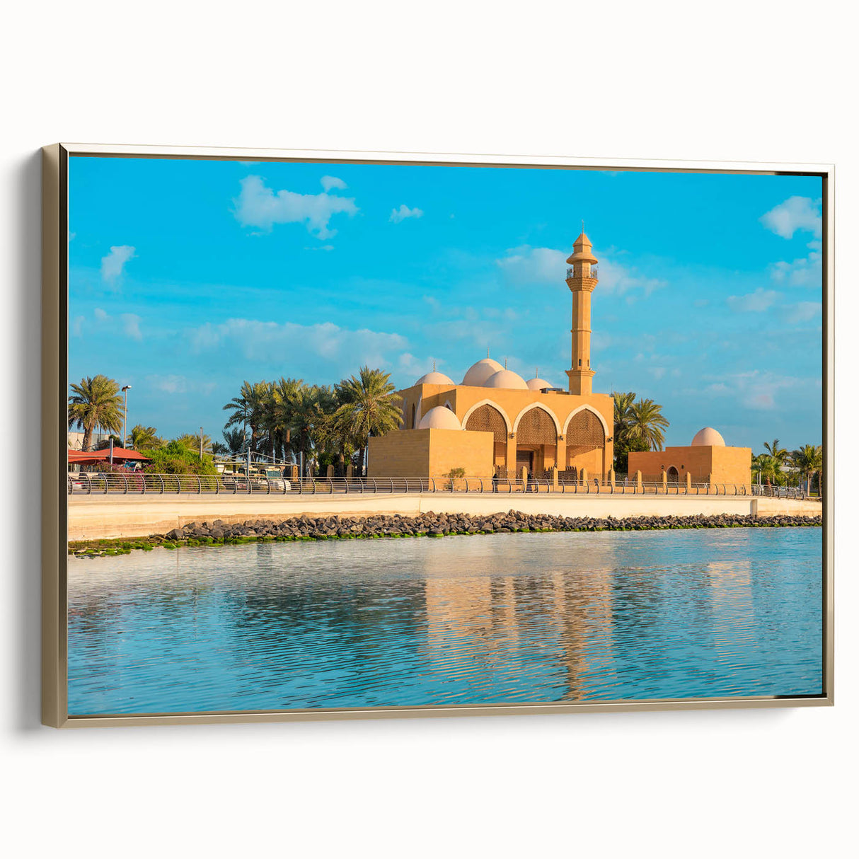 Framed canvas depicting a vintage-style Saudi Arabian landscape in gold and black tones, ideal for bedroom wall art.