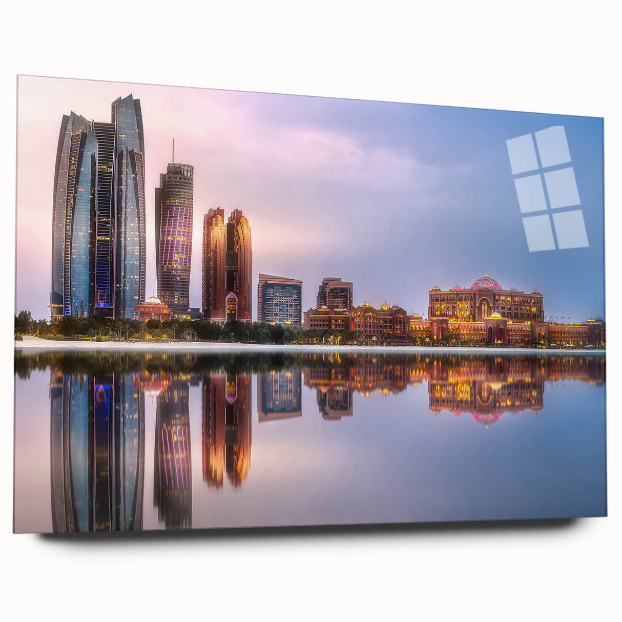 Large abstract wall art of Abu Dhabi skyline in muted gray and blue tones on acrylic glass.