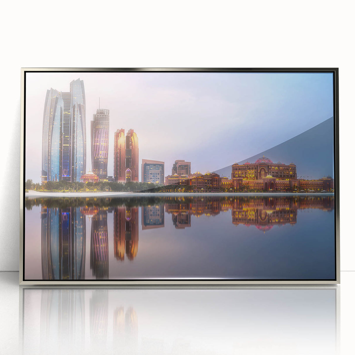 Mid-century modernist art of Abu Dhabi skyline in muted silver tones on framed acrylic, suitable for modern art wall decor.