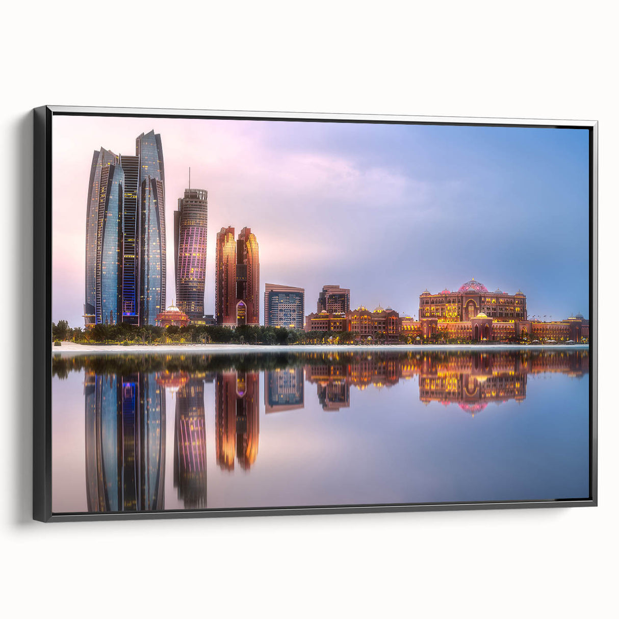 Black and white framed canvas of Abu Dhabi landscape, ideal for bedroom wall decor.