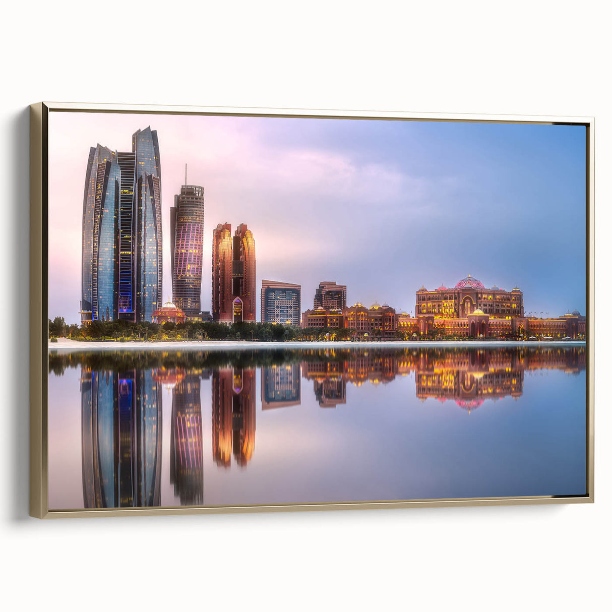 Framed canvas wall art depicting the Abu Dhabi skyline in black and gold tones, suitable for bedroom decor.
