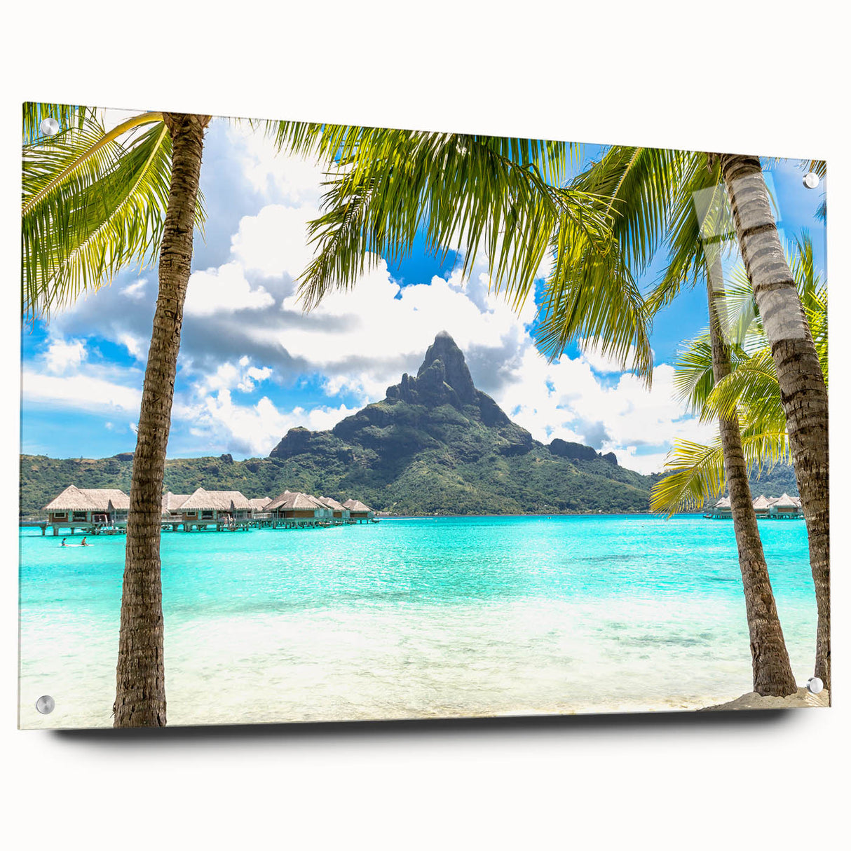 Acrylic print of a Tahitian landscape in cool blue and green tones, ideal for bedroom or dining room decor.