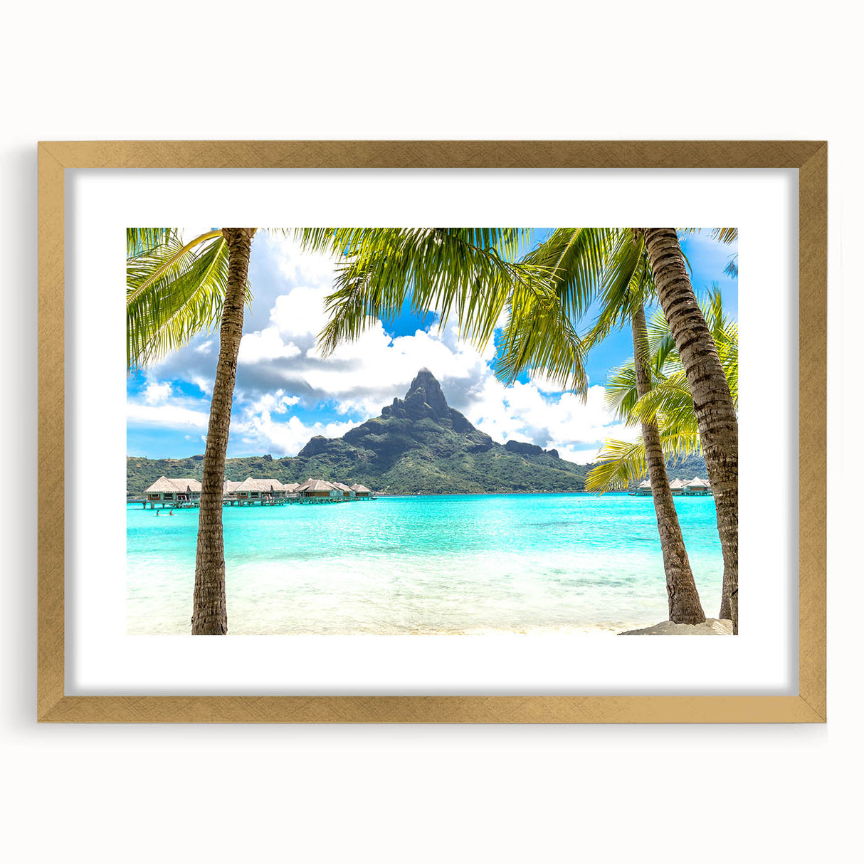 Extra large abstract art print of a Tahitian scenery in textured style, with gold frame, ideal for living room decor.
