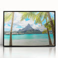 Large abstract wall art depicting a serene Tahitian landscape in muted blues and greens, framed in black acrylic.