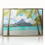 Framed acrylic print of a Tahitian landscape in mid-century modernist style, featuring muted ocean and sky tones.