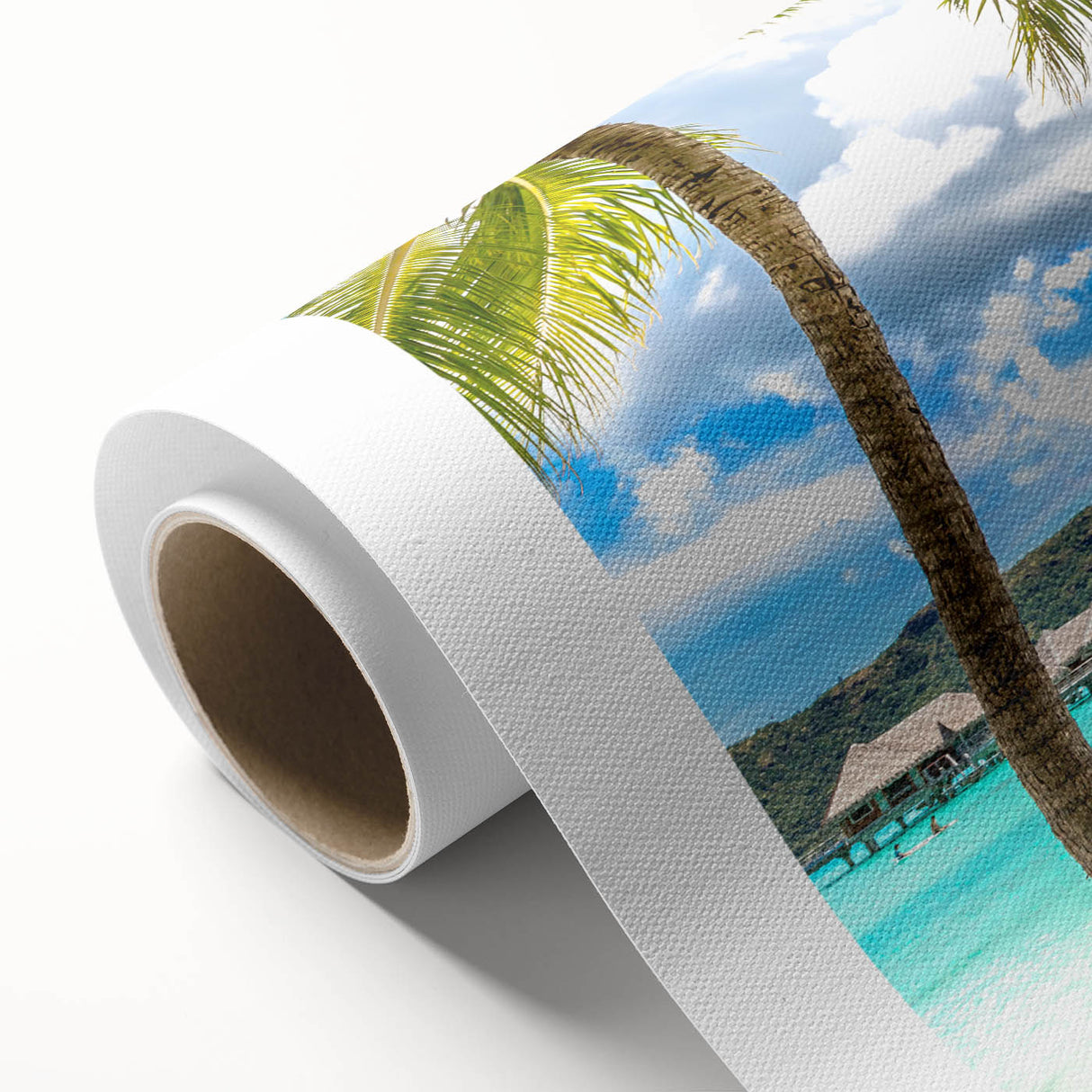 Art Deco-style poster of Tahiti landscape on rolled canvas, featuring pastel ocean and sky hues, ideal for nursery wall art.