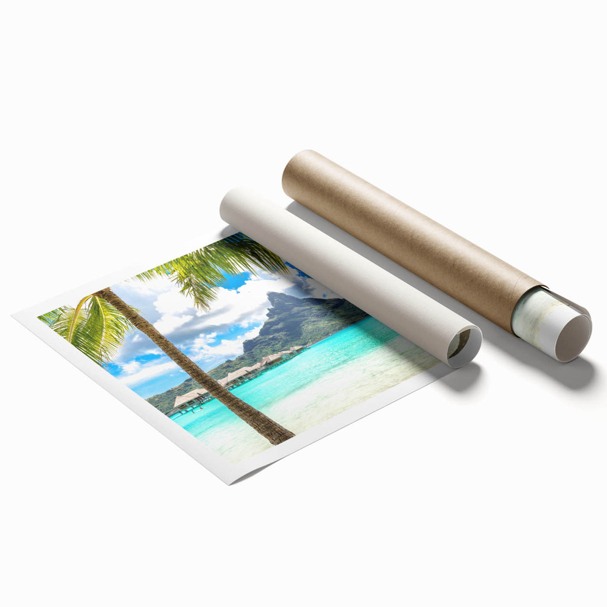 Extra large rolled print of a Tahitian landscape with vibrant green and blue tones, ideal for classy bathroom wall art.