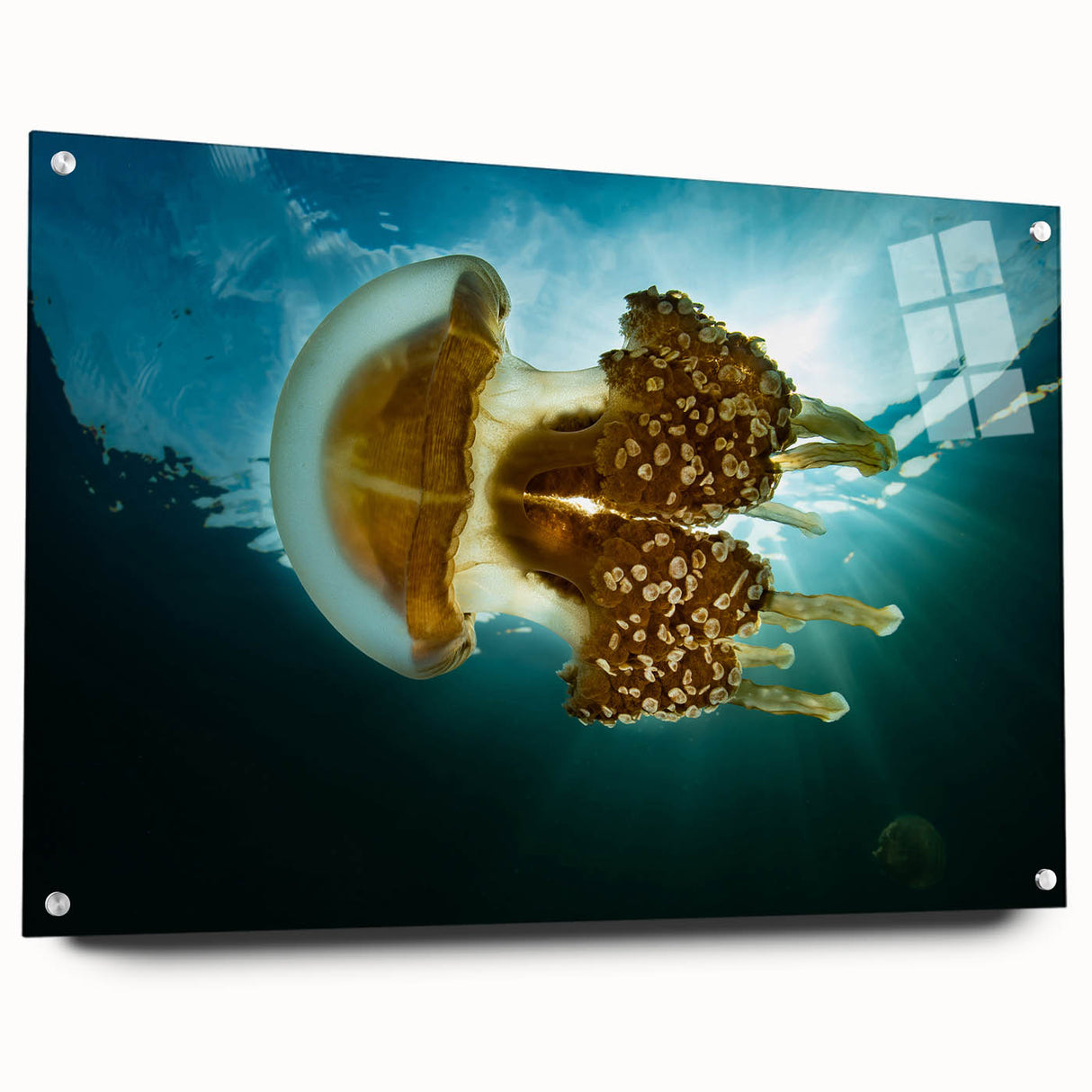 Large abstract oceanic scene in blue and teal tones on acrylic glass, ideal for bedroom or dining room decor.