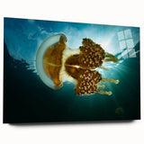 Large abstract wall art of oceanic scenery in muted blue and green tones on acrylic glass.