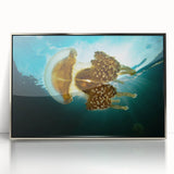 Mid-century modernist art depicting an abstract ocean scene in cool blue and silver tones, framed acrylic print.