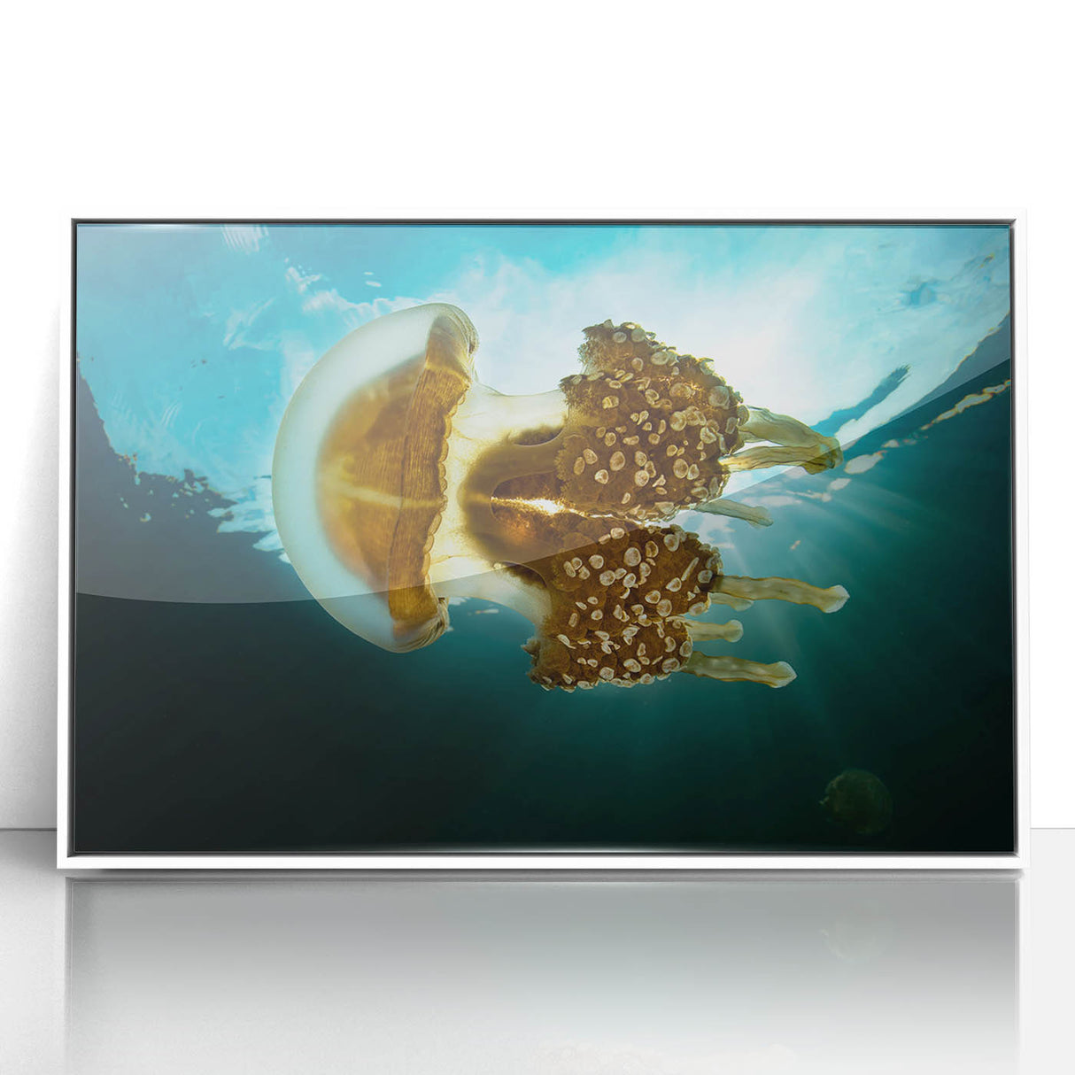 Art deco poster featuring a serene Micronesian landscape on white framed acrylic, suitable for modern nursery wall decor.