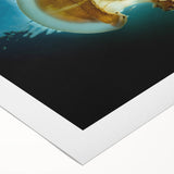 Art deco poster of an oceanic Micronesian scene in pastel blues on rolled canvas, suitable for dining room wall art.