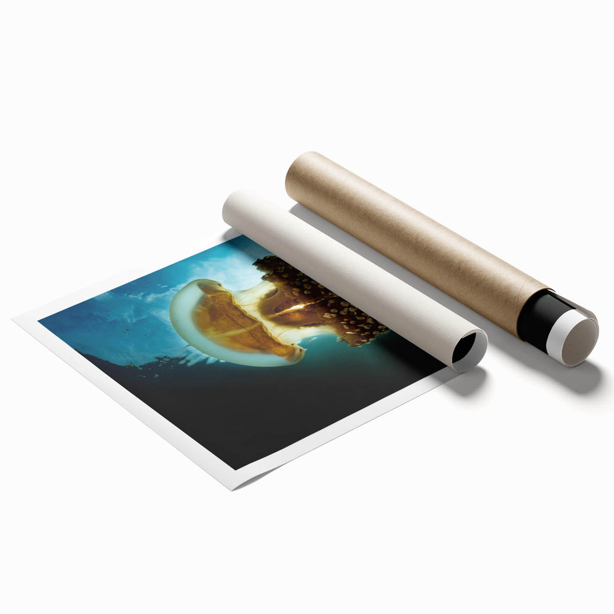 Extra large rolled print of a Micronesian oceanic scenery with vivid blue and green floral motifs.