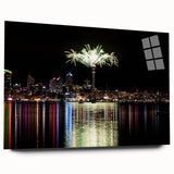 Large abstract depiction of Auckland's skyline in muted blue and gray tones on an acrylic glass.