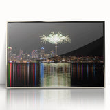 Mid-century modernist art depicting the Auckland skyline in muted blue and silver hues on a framed acrylic print.