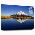 Acrylic print of Taranaki, New Zealand, featuring ocean and mountain scene in cool blue and green tones.