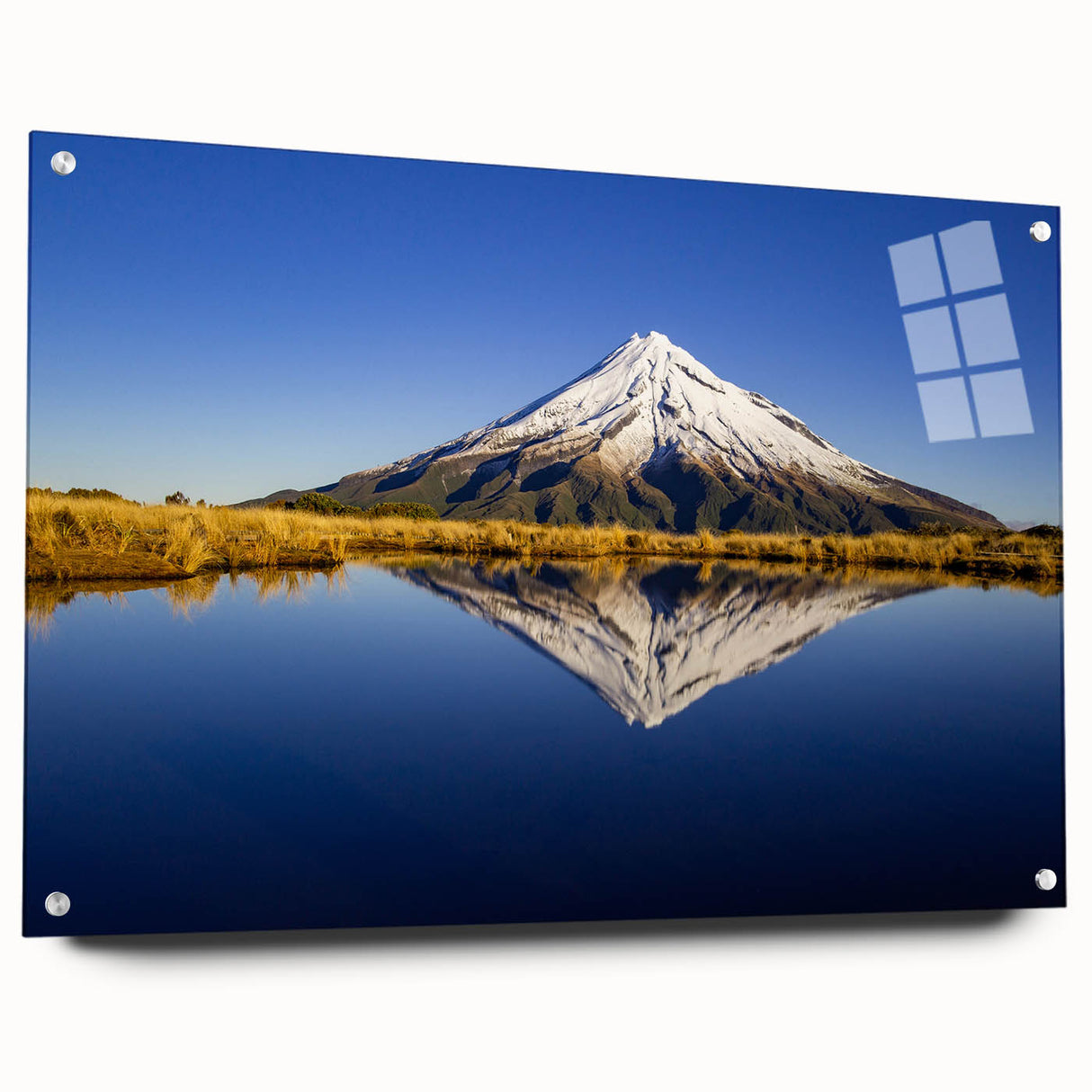 Acrylic print of Taranaki, New Zealand, featuring ocean and mountain scene in cool blue and green tones.
