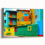 Landscape art painting of Buenos Aires featuring colorful skyline on black, framed canvas, ideal for living room decor.