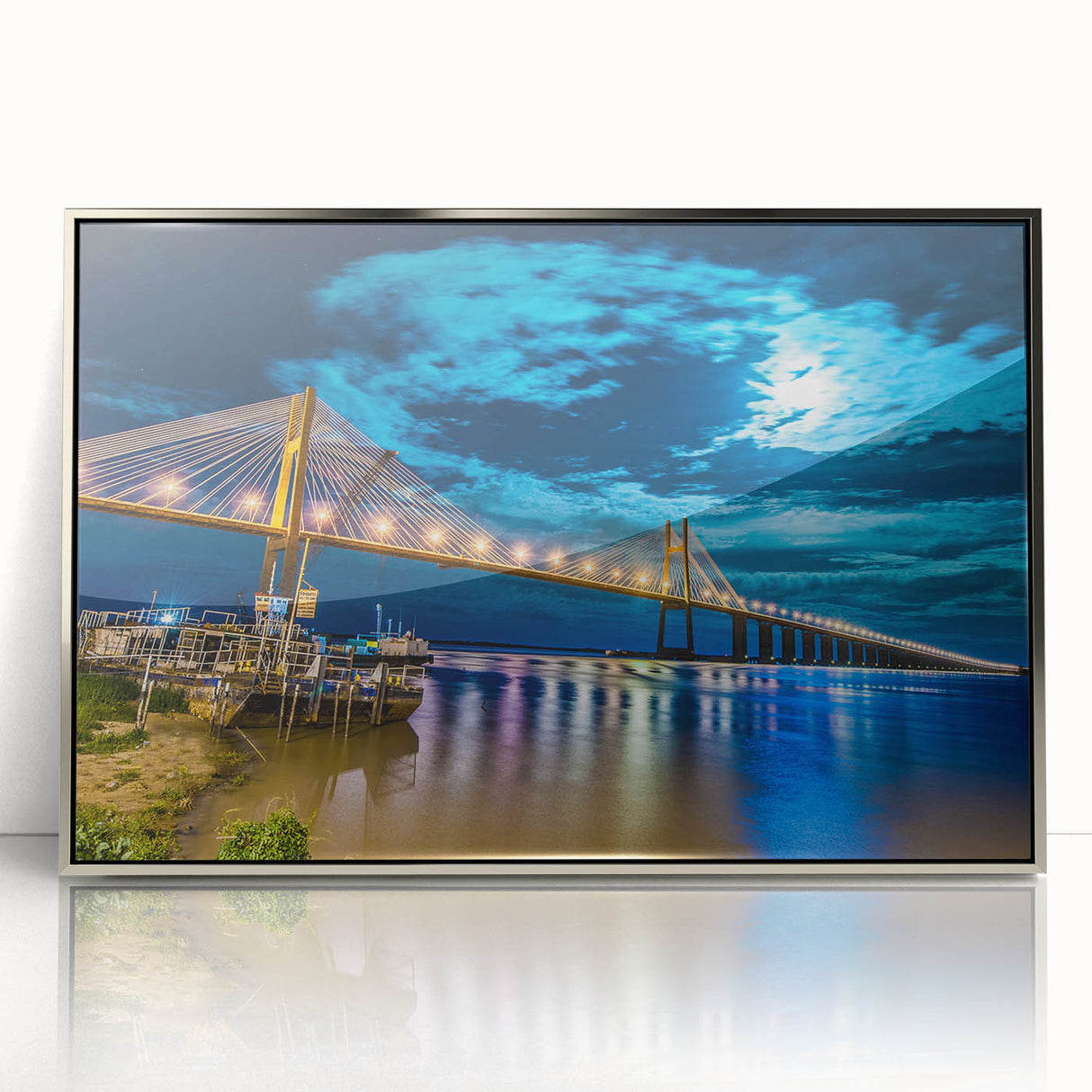 Mid-century modernist art of a serene Argentine landscape, in soft earth tones on a silver-framed acrylic.