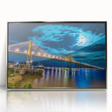 Mid-century modernist art of a serene Argentine landscape, in soft earth tones on a silver-framed acrylic.