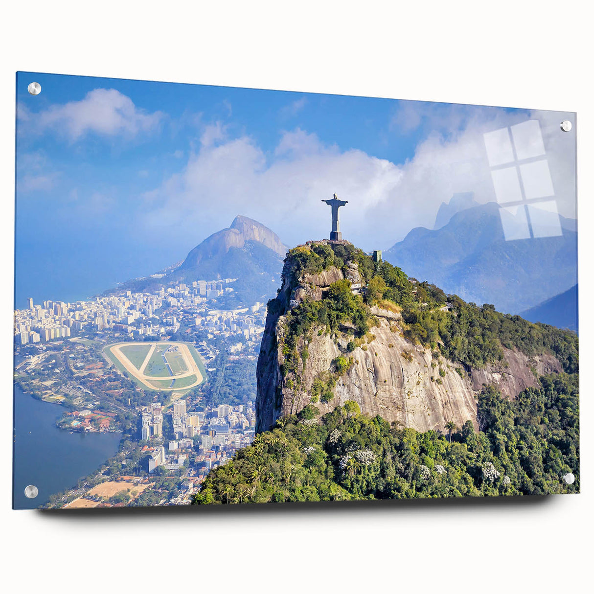 Acrylic print of a large abstract depiction of a Brazilian landscape in vibrant green and blue tones.