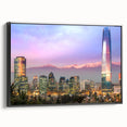 Black and white framed canvas of Santiago, Chile landscape in a vintage poster style, ideal for bedroom decor.