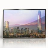 Mid-century modernist art of Santiago skyline in muted earth tones on a silver-framed acrylic print.