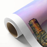 Art deco poster of Santiago, Chile skyline in muted blue and pink tones on rolled canvas, ideal for nursery wall art.