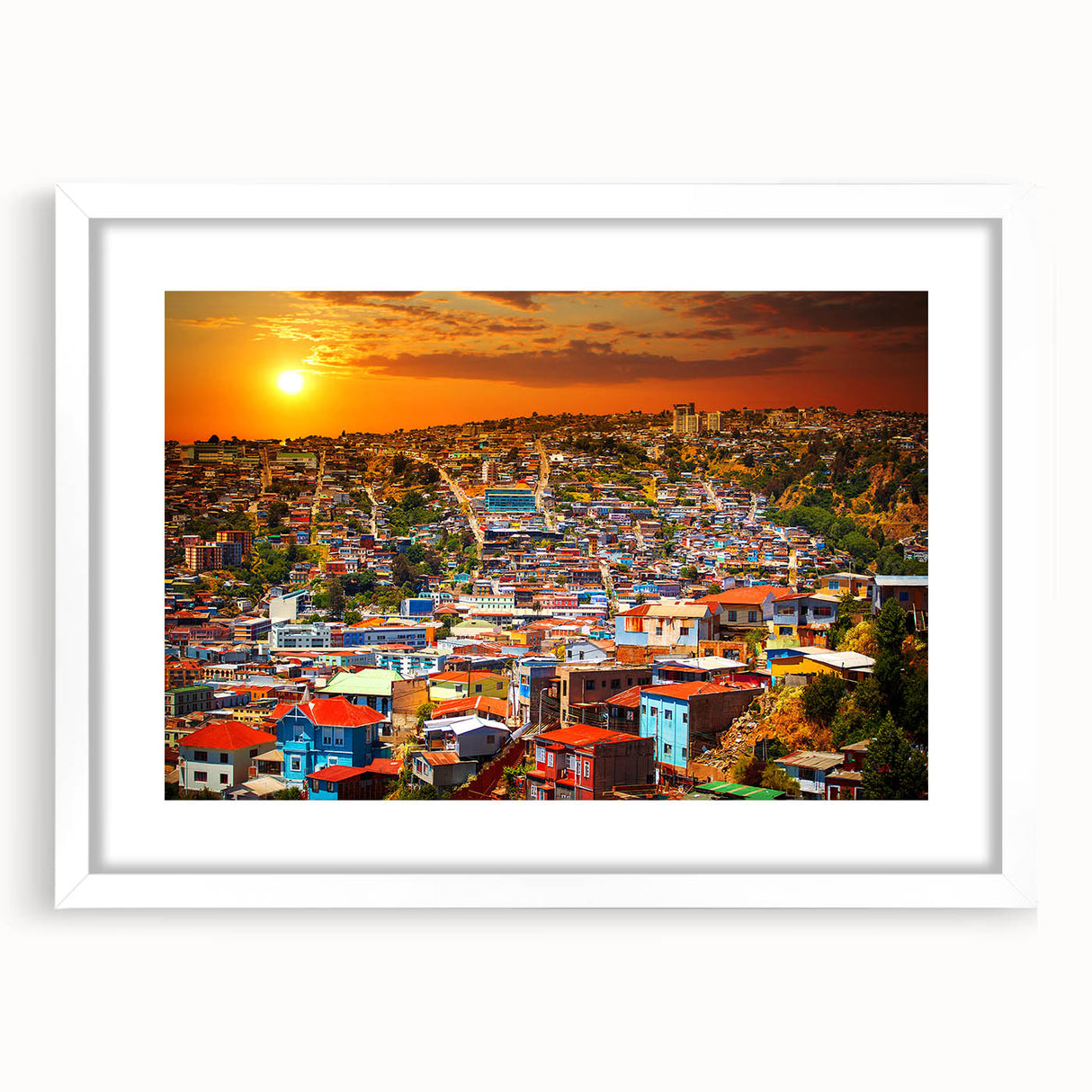 Abstract art print of a Chilean landscape in muted earth tones on a framed white mat, ideal for dining room decor.