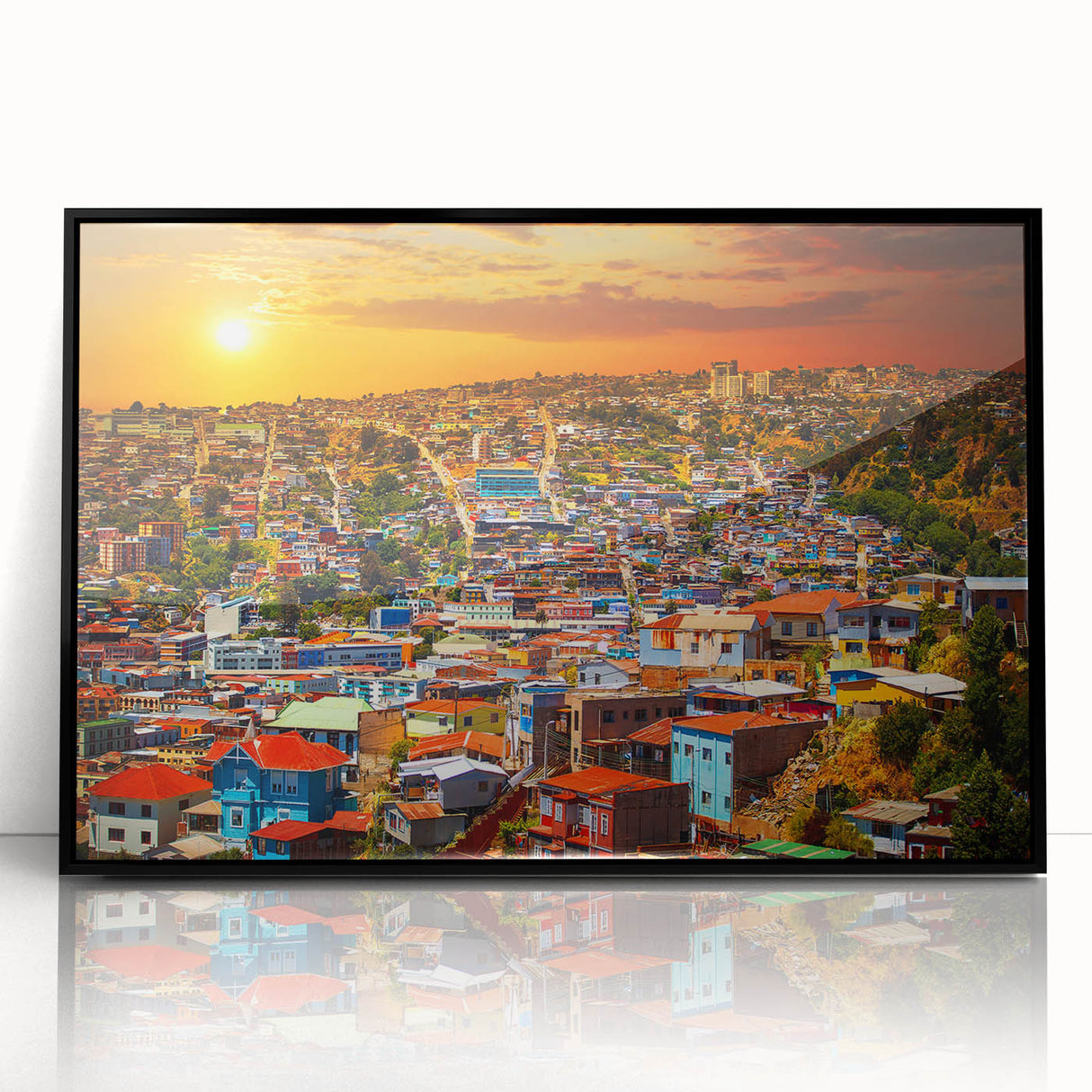 Large abstract wall art depicting a vibrant Chilean landscape in mid-century modernist style, framed in black acrylic.