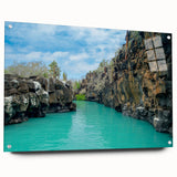 Acrylic print of a Galapagos scenery with vivid blue and green tones, suited for dining room art.
