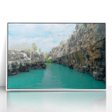 Art deco poster of Galapagos scenery in muted blue and green tones on white framed acrylic.