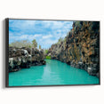 Black and white wall art featuring a vintage poster-style landscape of the Galápagos, printed on framed canvas.