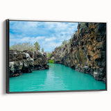 Black and white wall art featuring a vintage poster-style landscape of the Galápagos, printed on framed canvas.