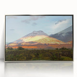 Mid-century modernist art depicting a serene Ecuadorian landscape on a silver-framed acrylic print.
