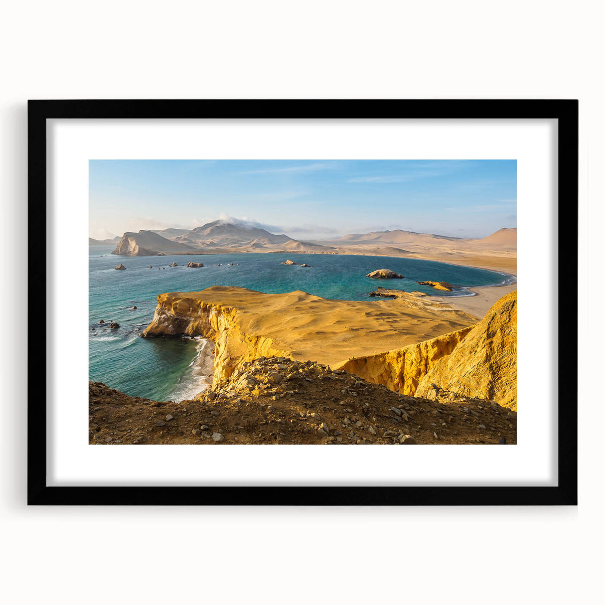 Extra large, textured abstract art print depicting a colorful South American scenery, framed in black.
